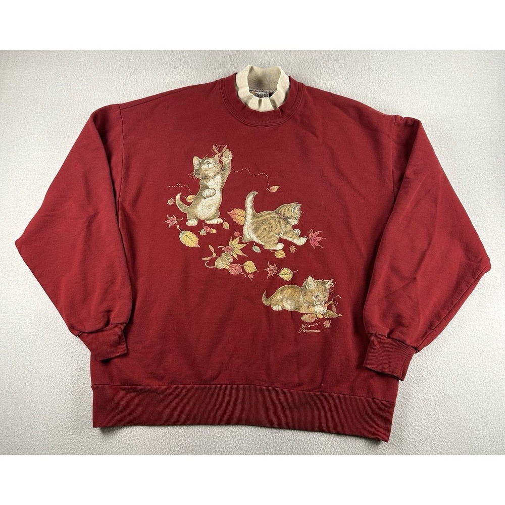 VTG 90's Kittens Cats Graphic Print Grandma Crewneck Sweater Fall Leaves LARGE